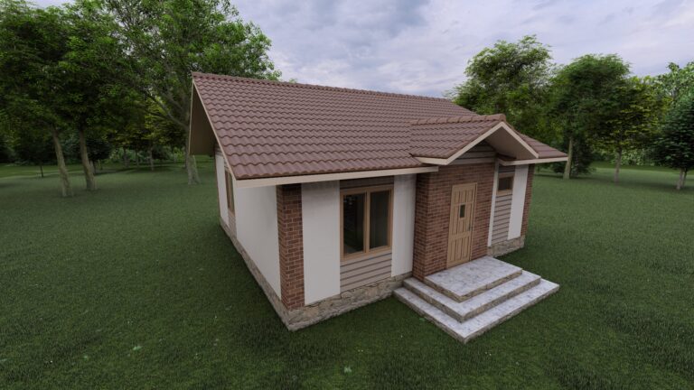 вид сбоку небольшого семейного дома с отделкой кирпичом и с керамической черепицей
